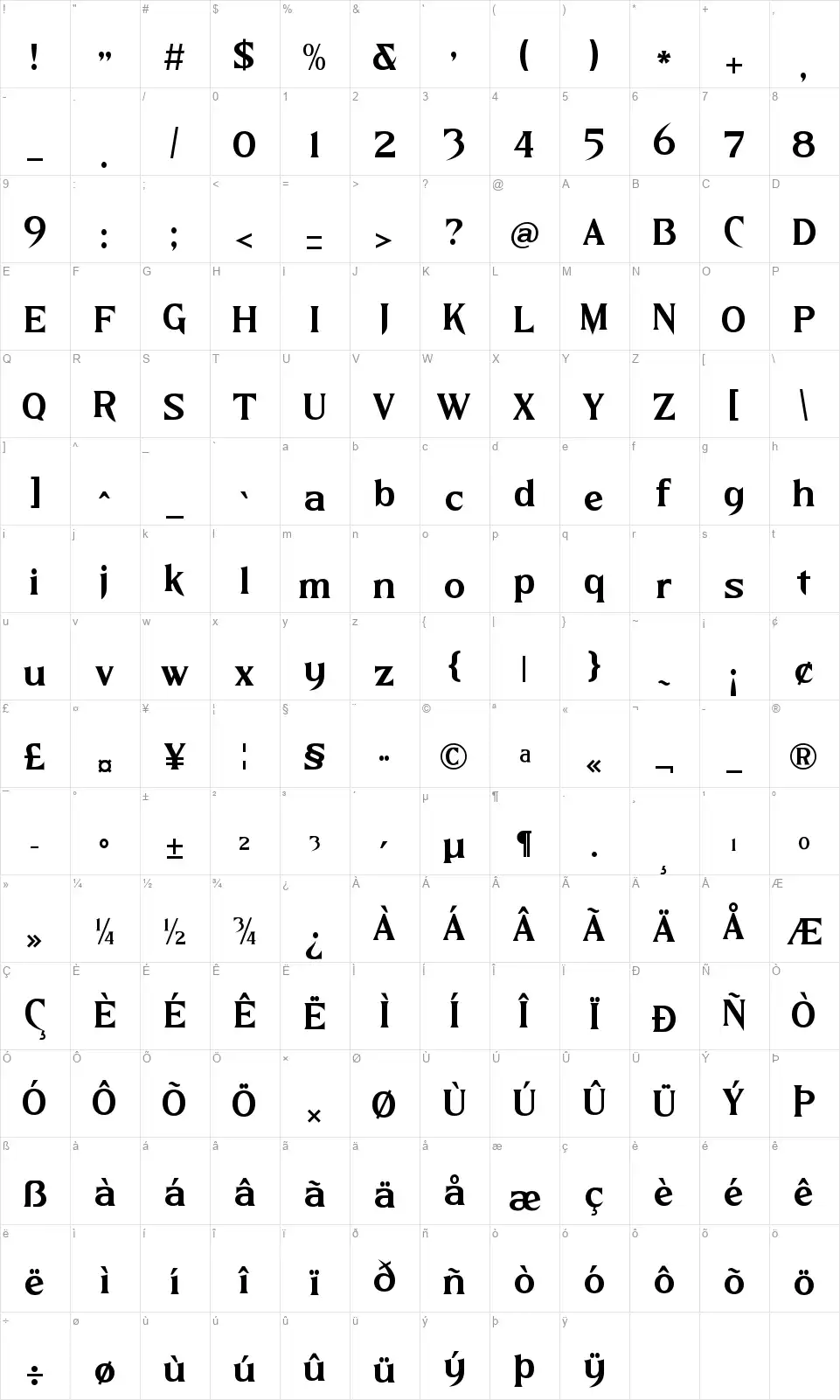 Nighttmer Horizonfont character map