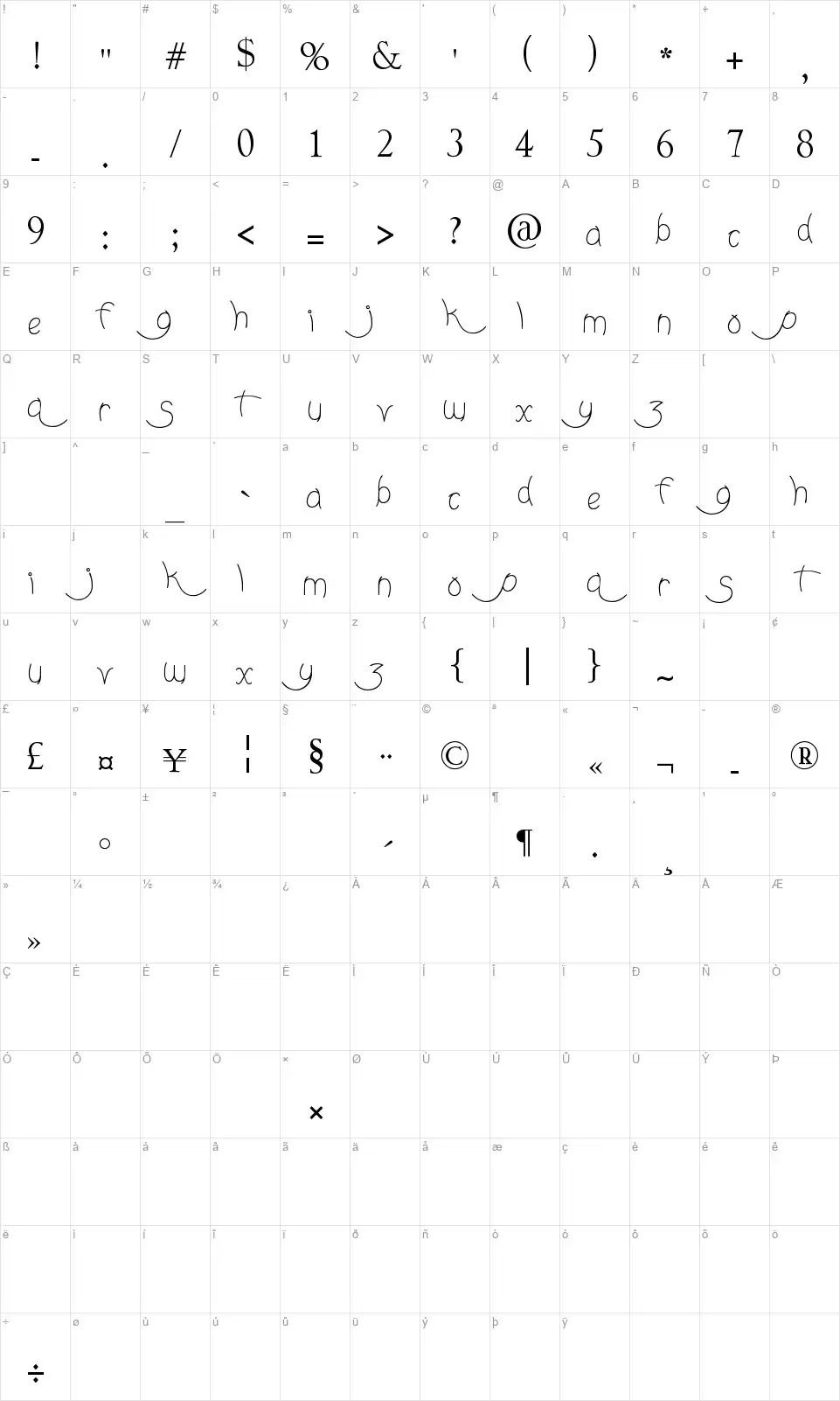 Nighty Nightsfont character map