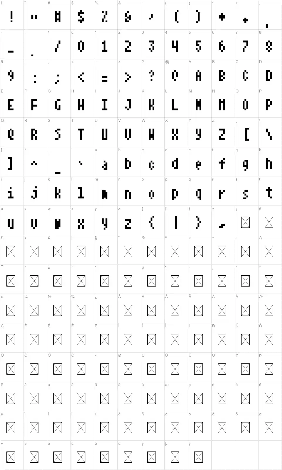 Notalot18font character map