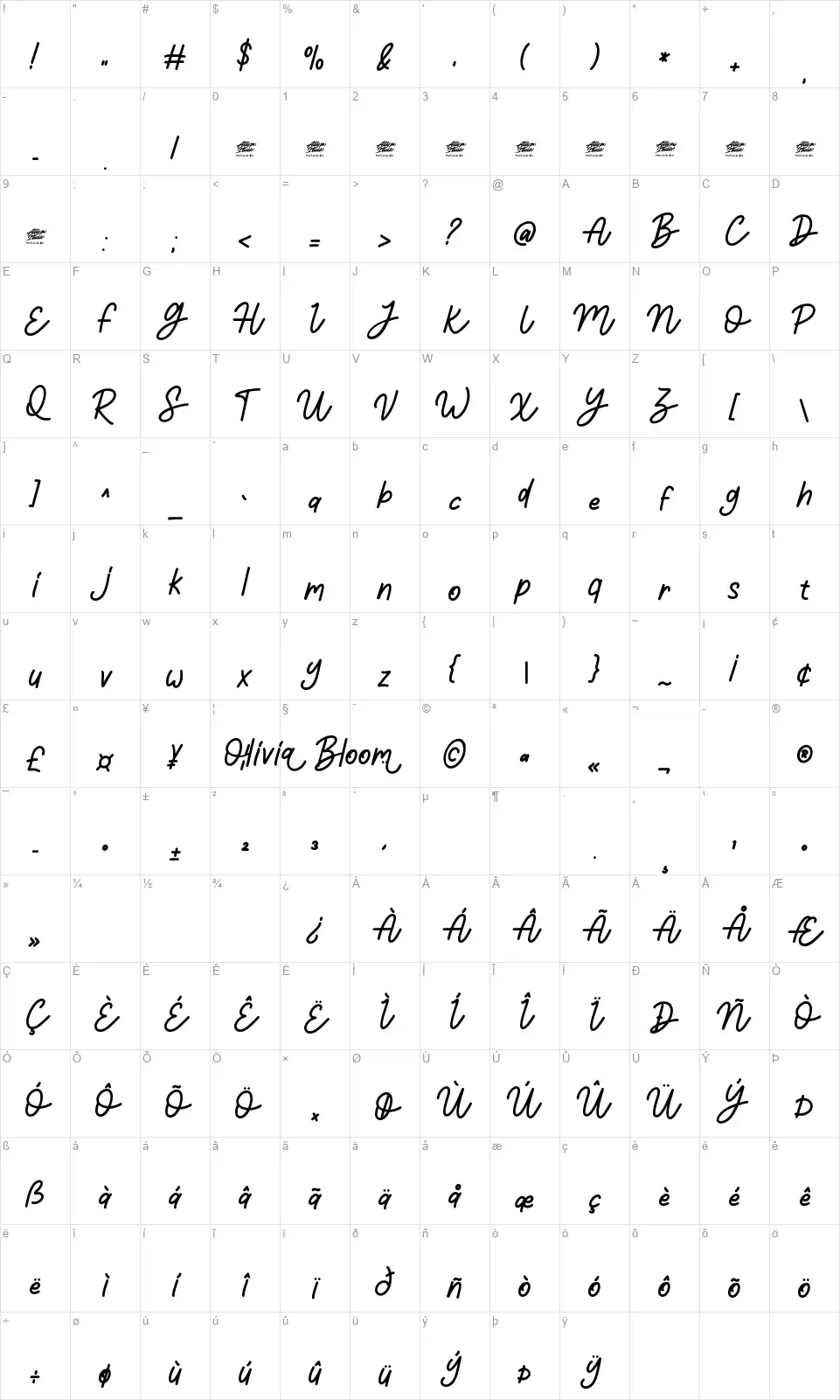 Olivia Bloomfont character map