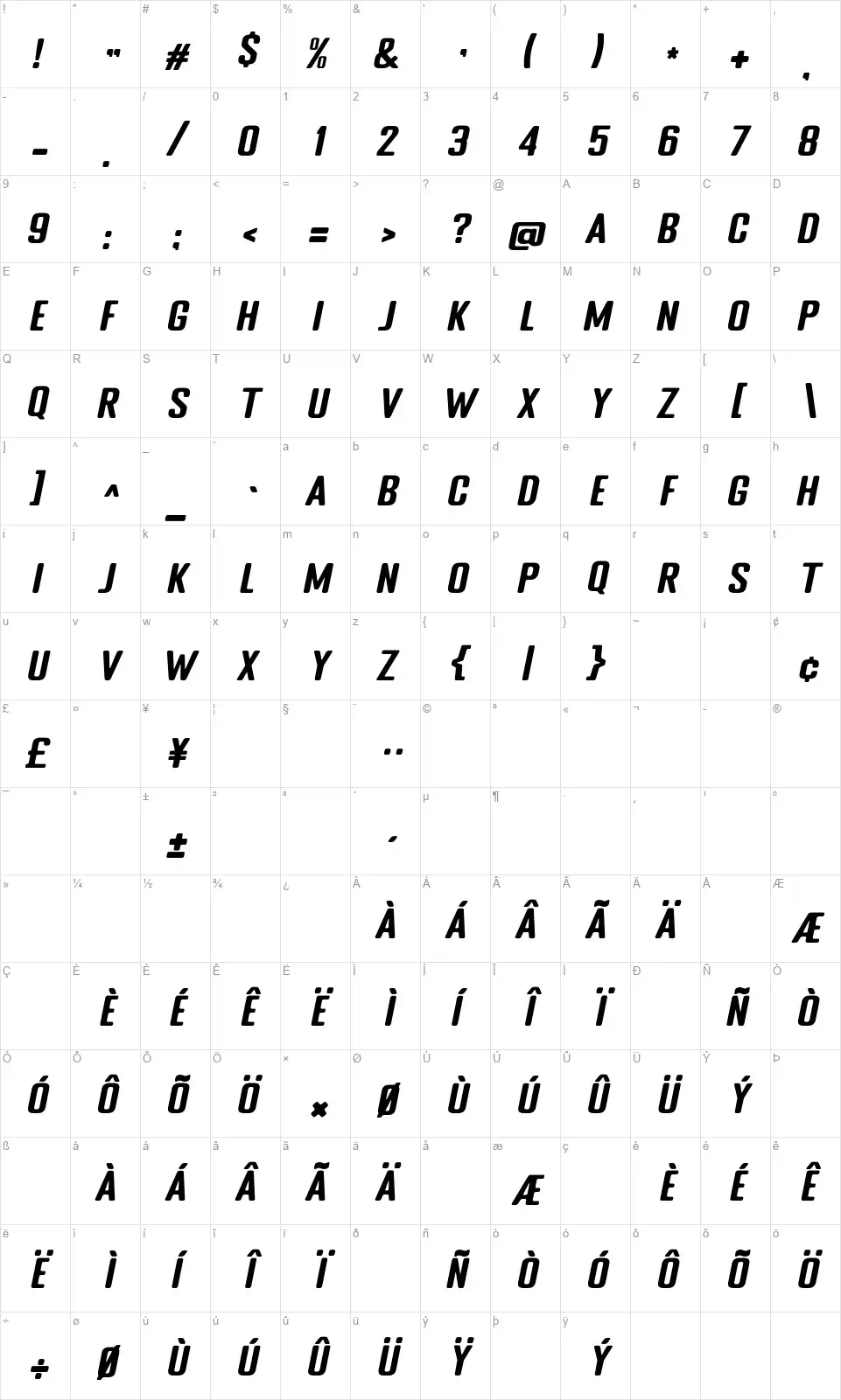 Pastifont character map