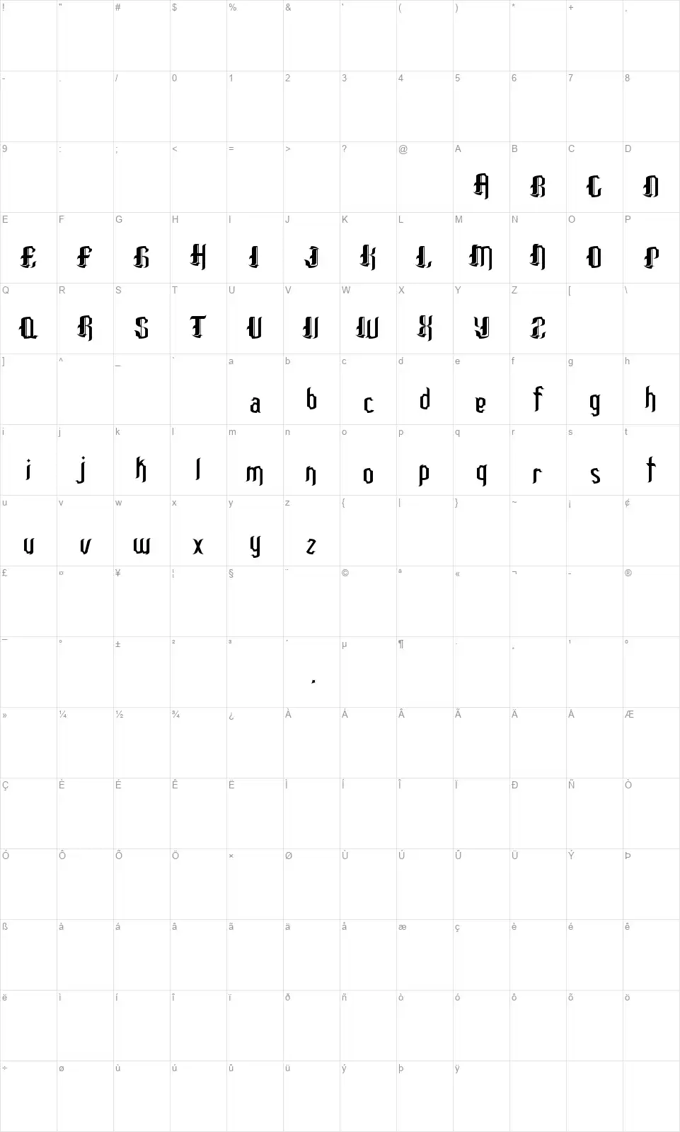 Patinio Gothicfont character map