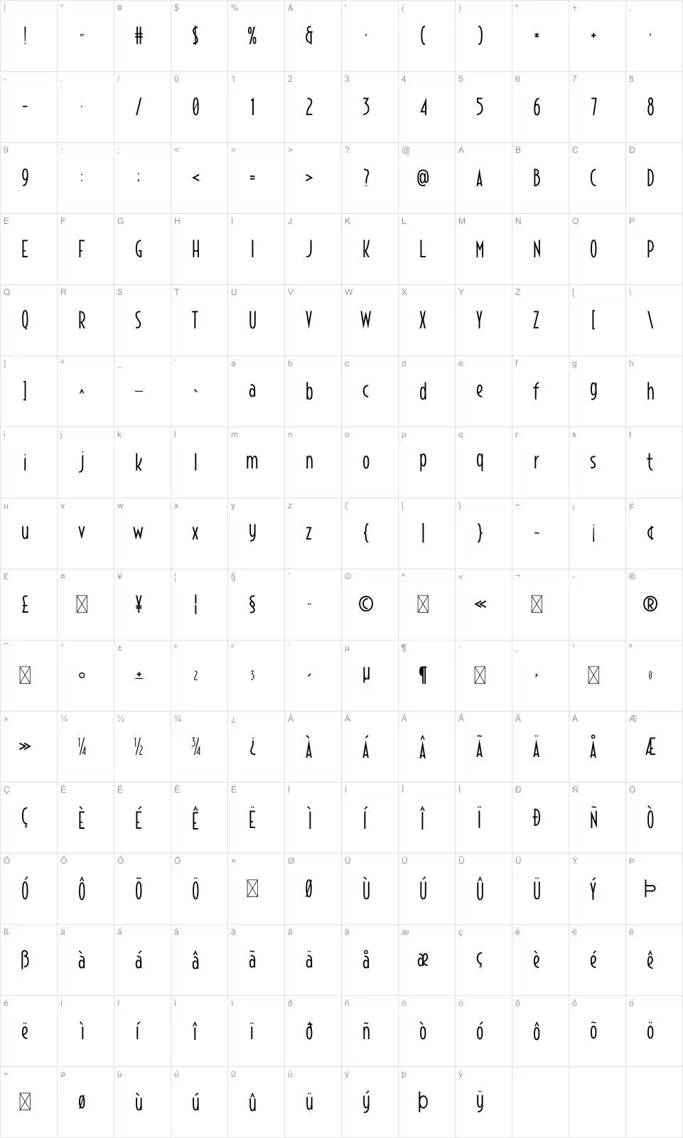 Pavajafont character map