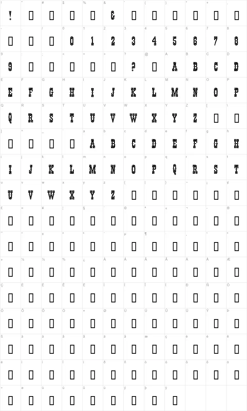 Pentagonfont character map