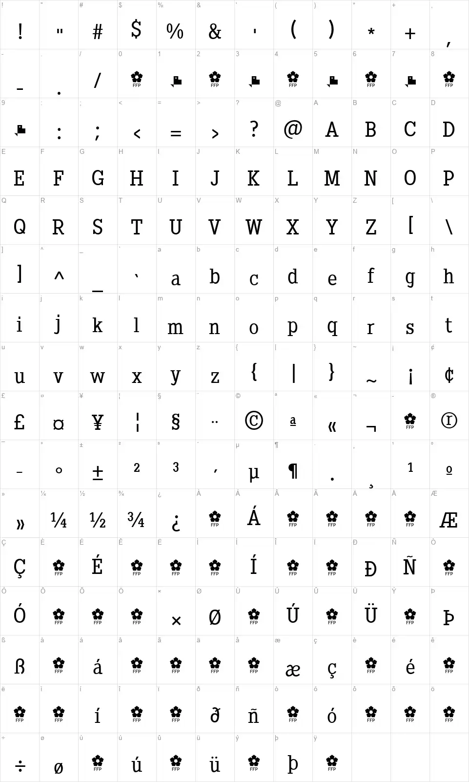 Pentay Bookfont character map