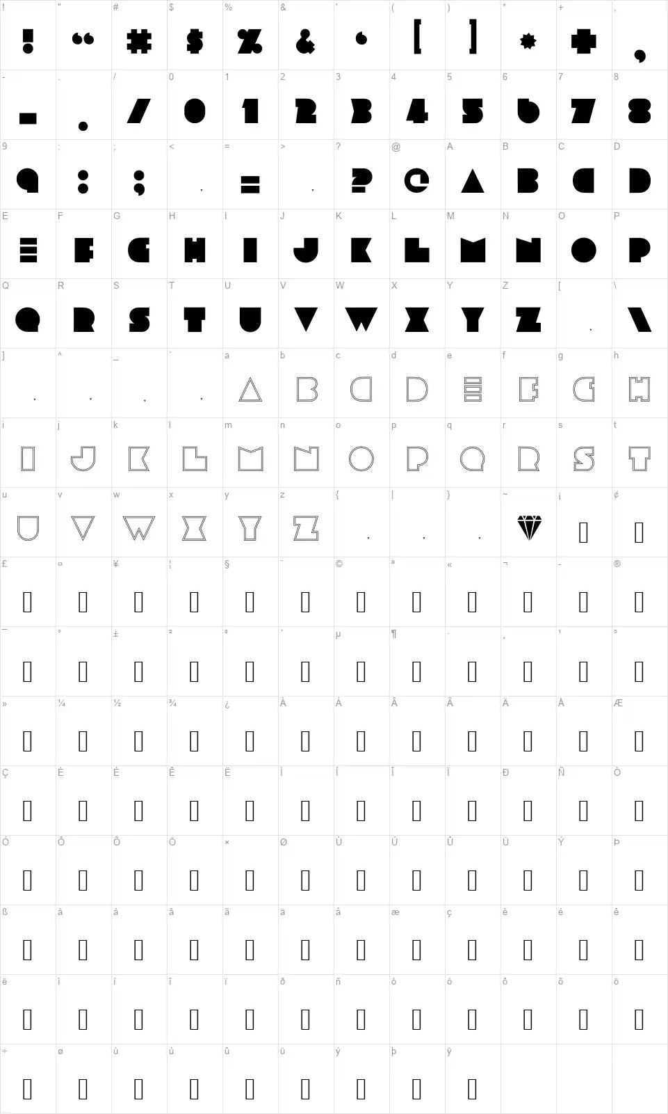 Pickleweaselfont character map