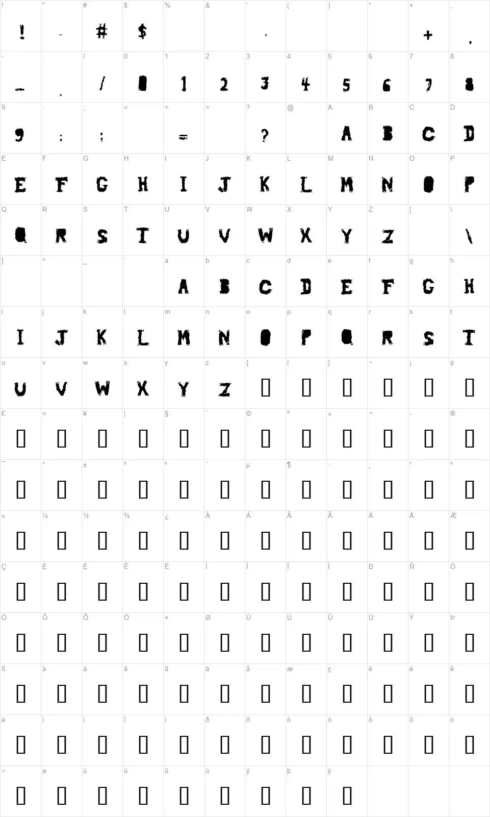 Piledriverfont character map