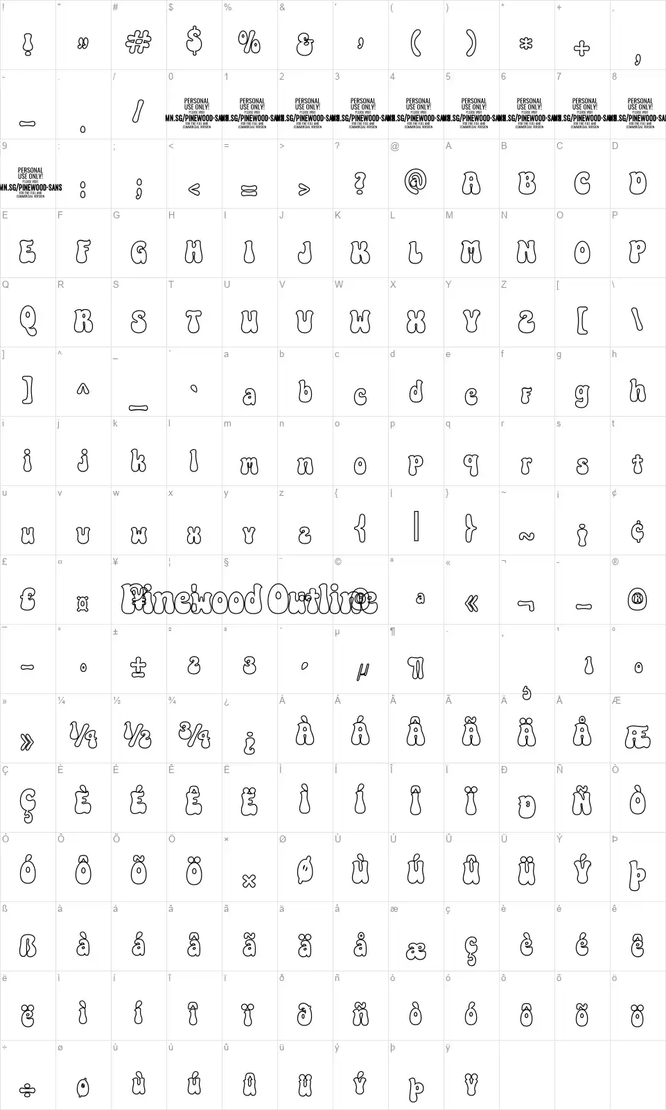 Pinewood Outlinefont character map