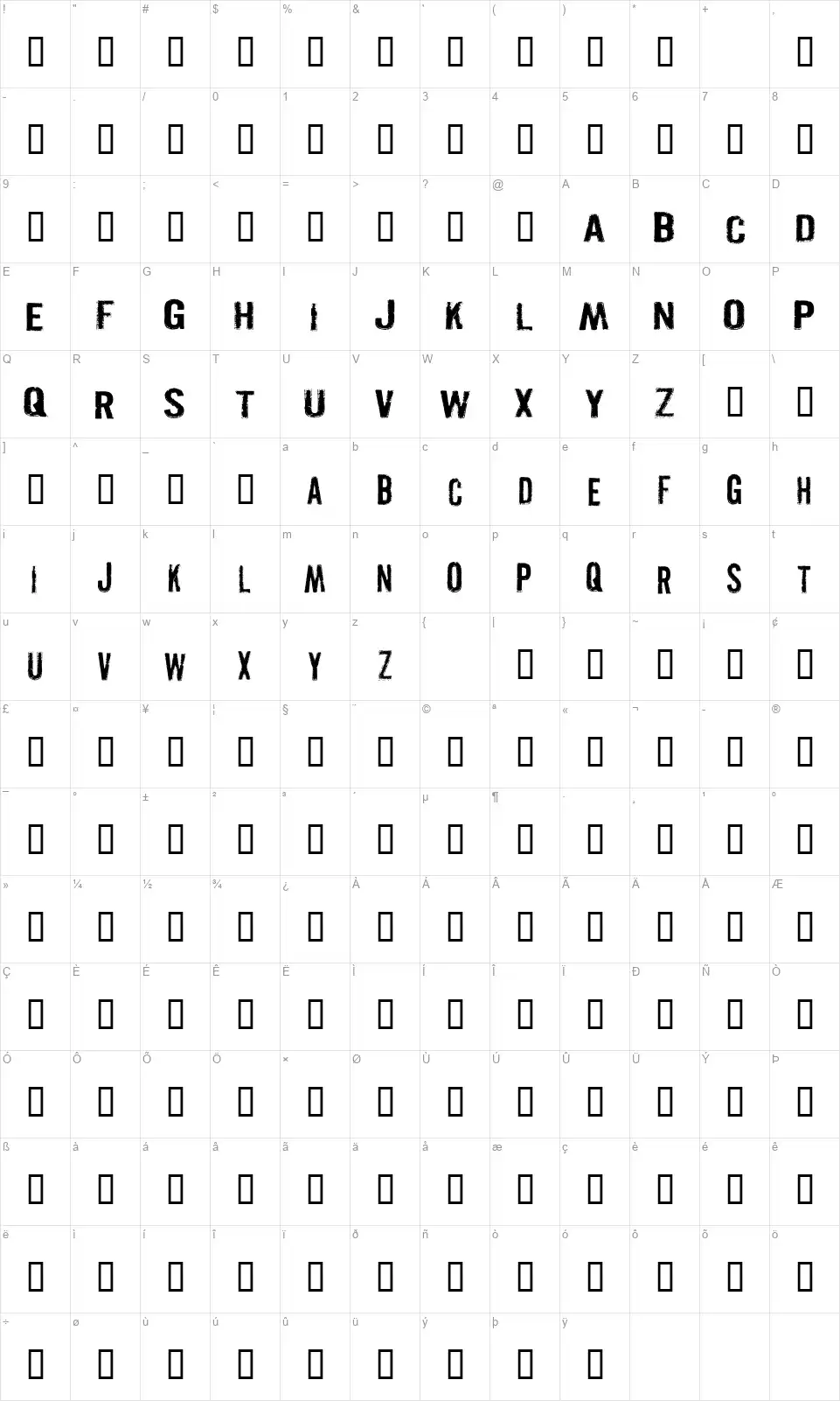 Pistolgripfont character map
