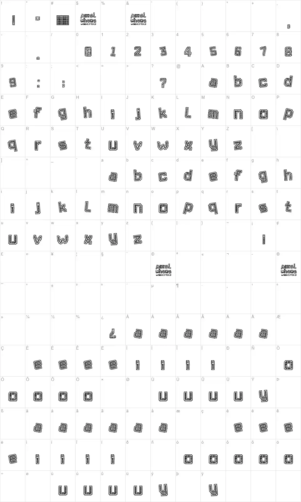 Pixel Chaosfont character map