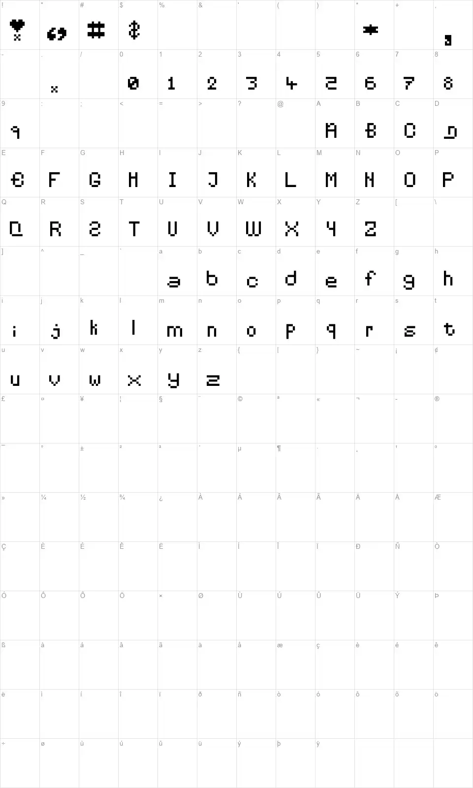 Pixelatesfont character map