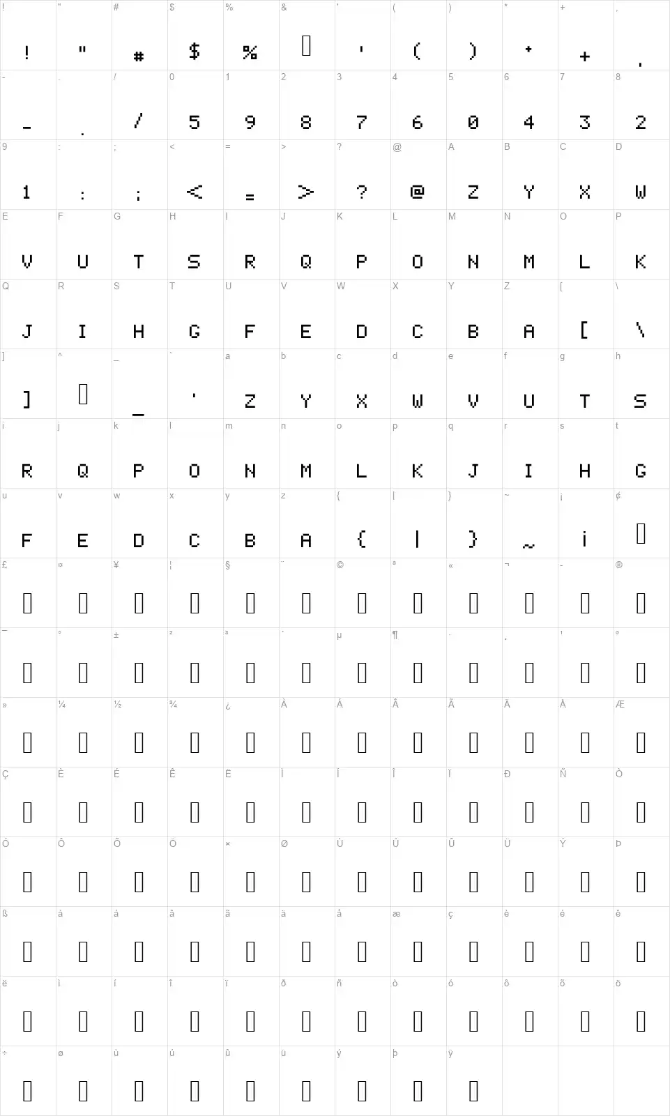 PixelCryptfont character map