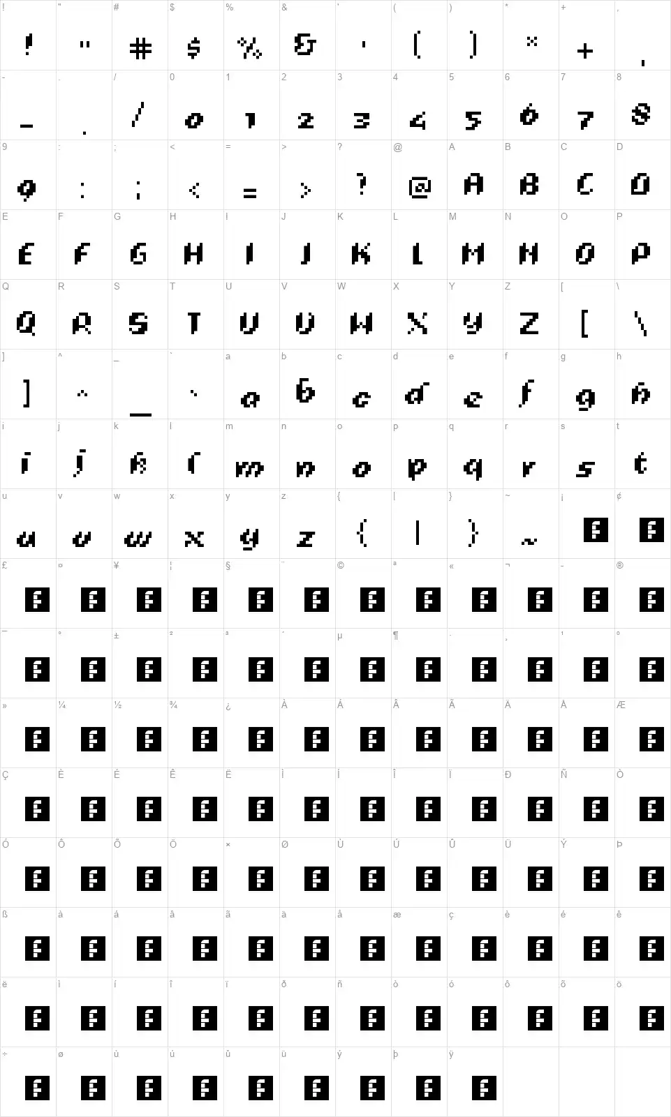 Pixelig Cursieffont character map