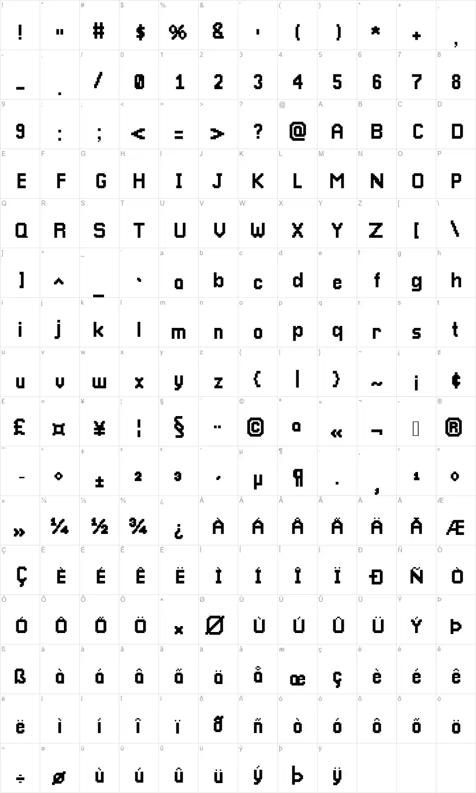 Pixellarifont character map