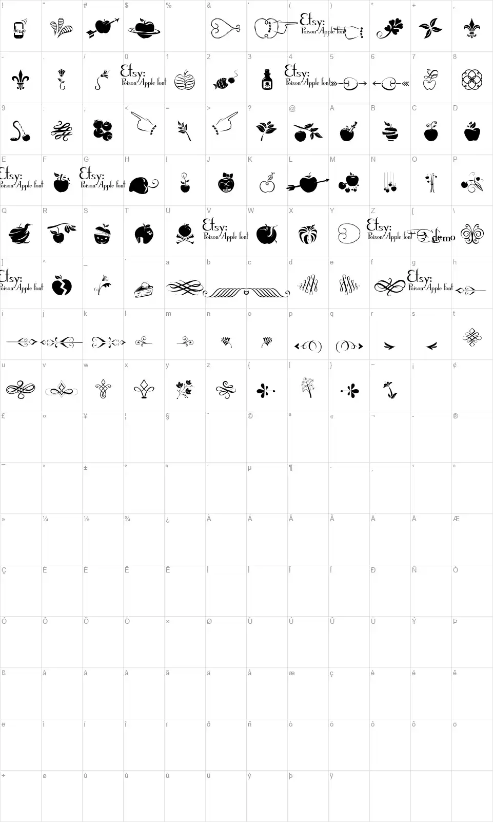 Poison Apple Ornaments 1font character map