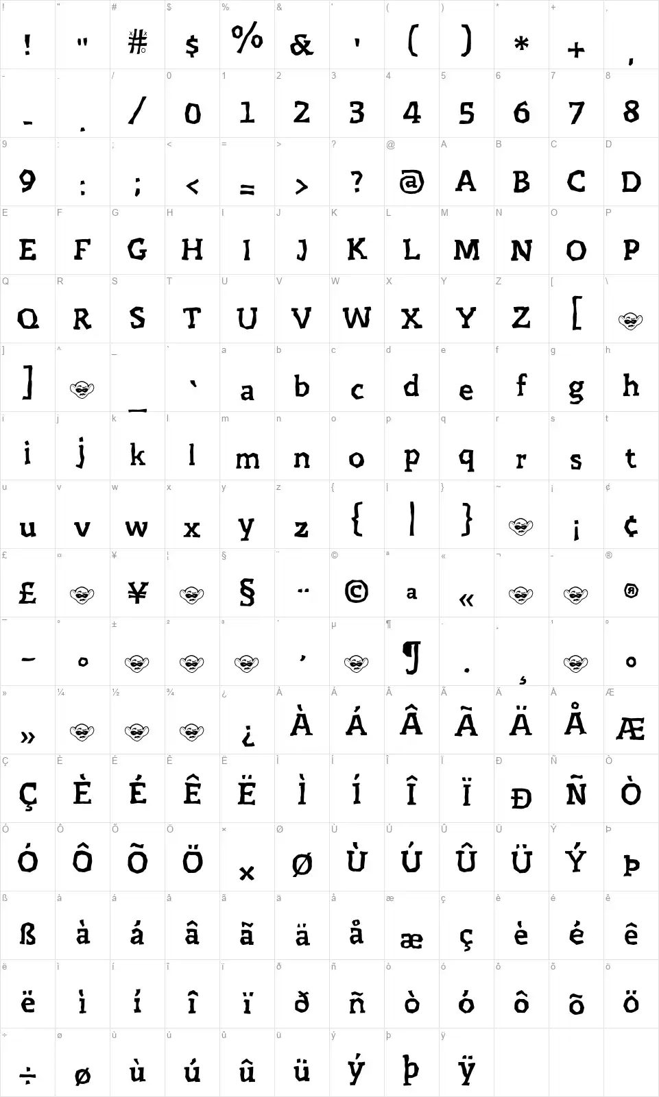 Prejidenjiafont character map