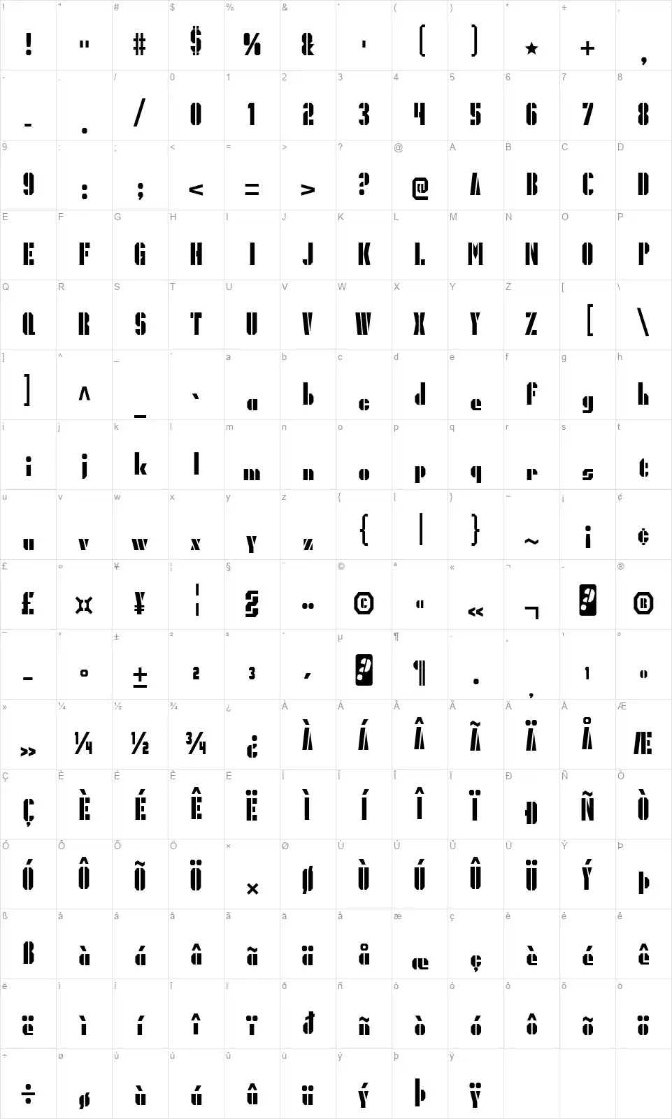 PresidentGas-Regularfont character map