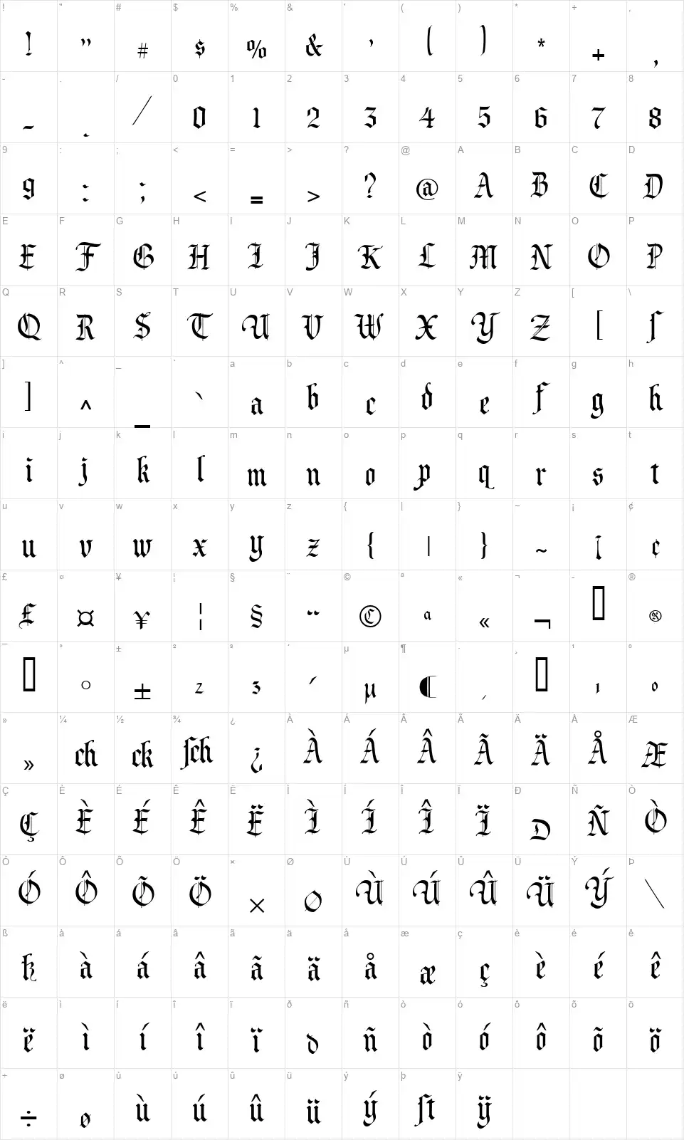 Prince Valiantfont character map
