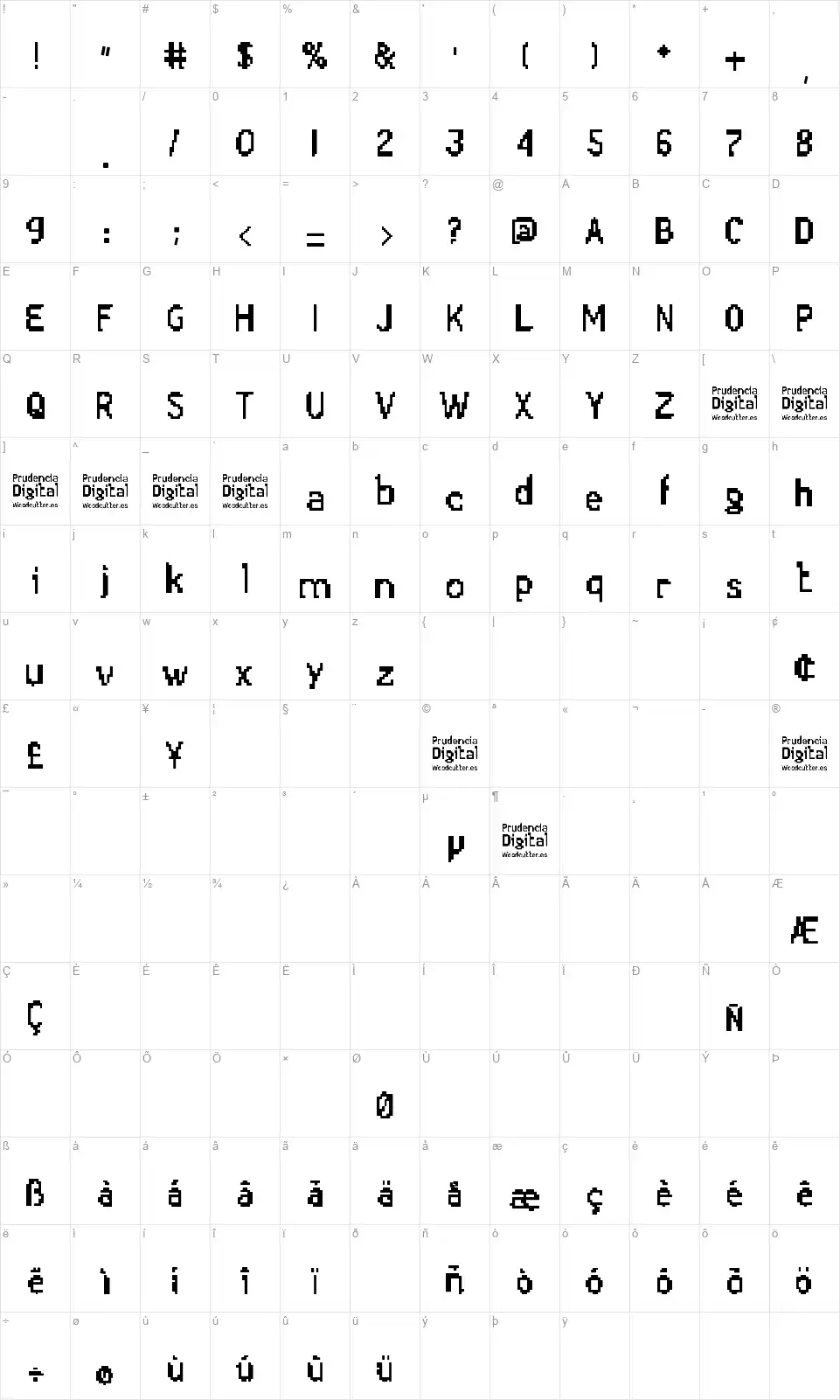 Prudencia Digitalfont character map