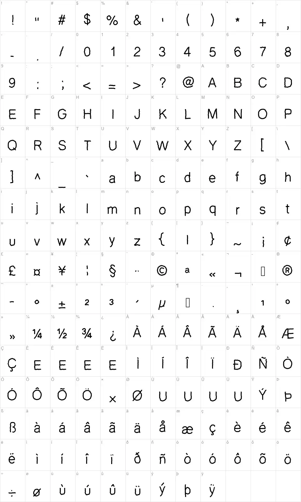 PW Zigzagfont character map