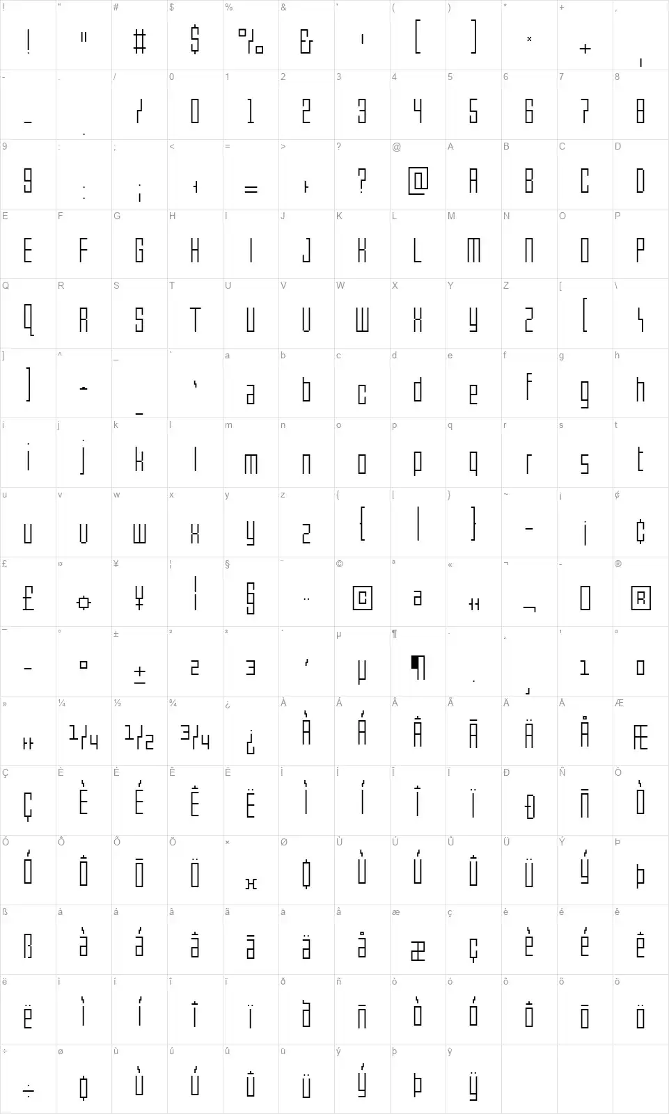 Pxlxxl Lightfont character map