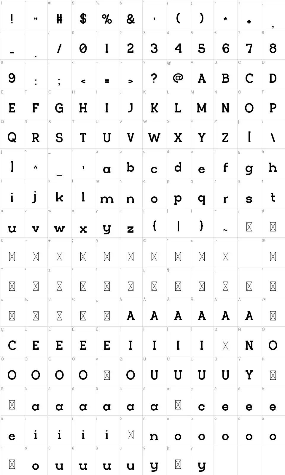 Quazos Table des caractères Quazosfont character map