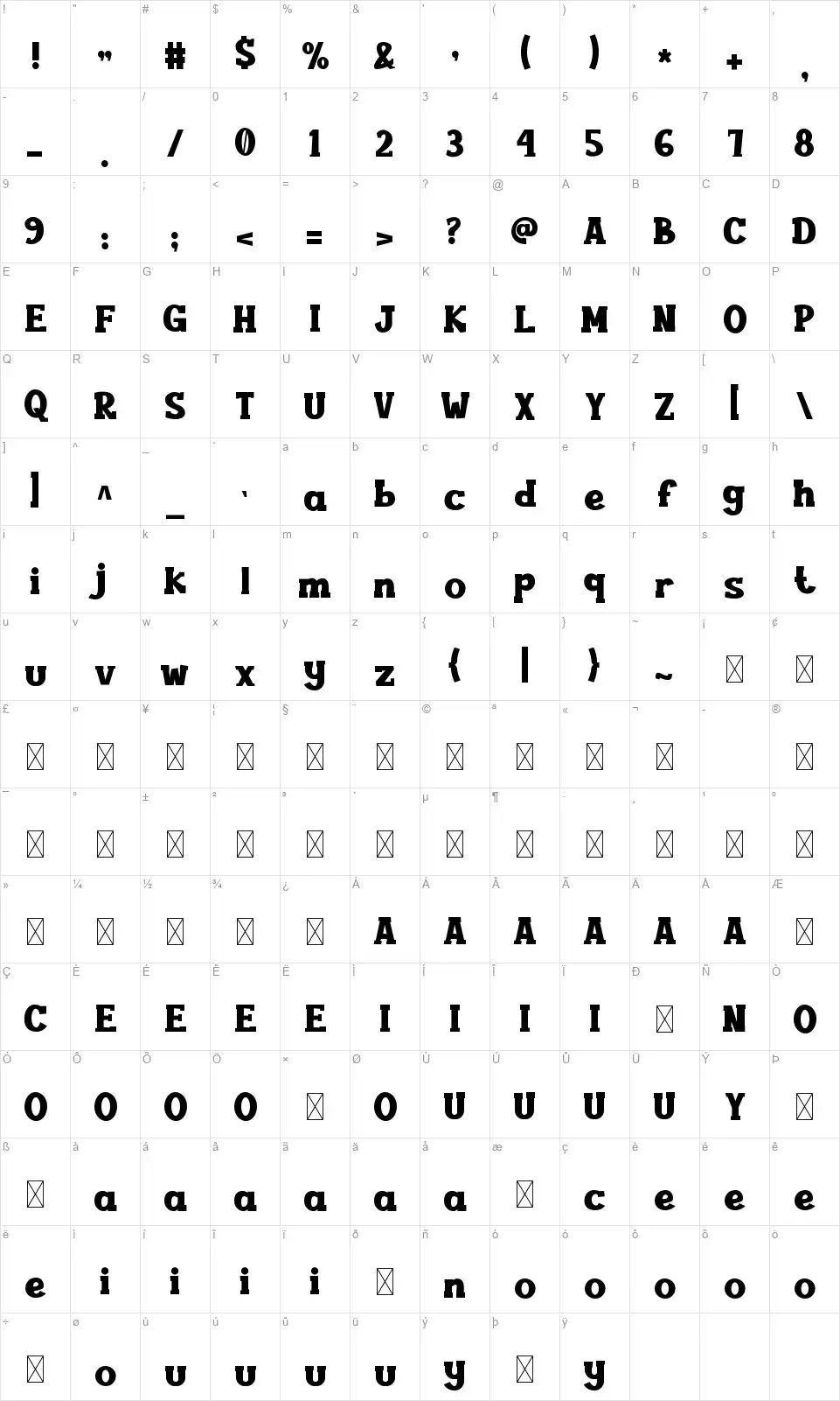 Questarfont character map