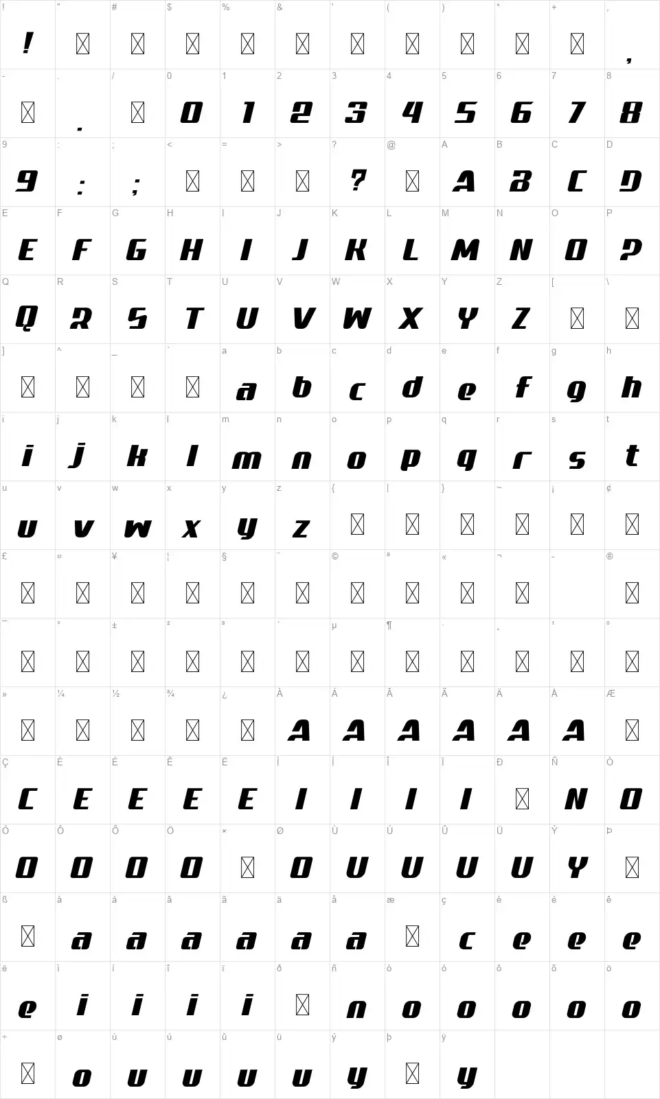 Racelinefont character map