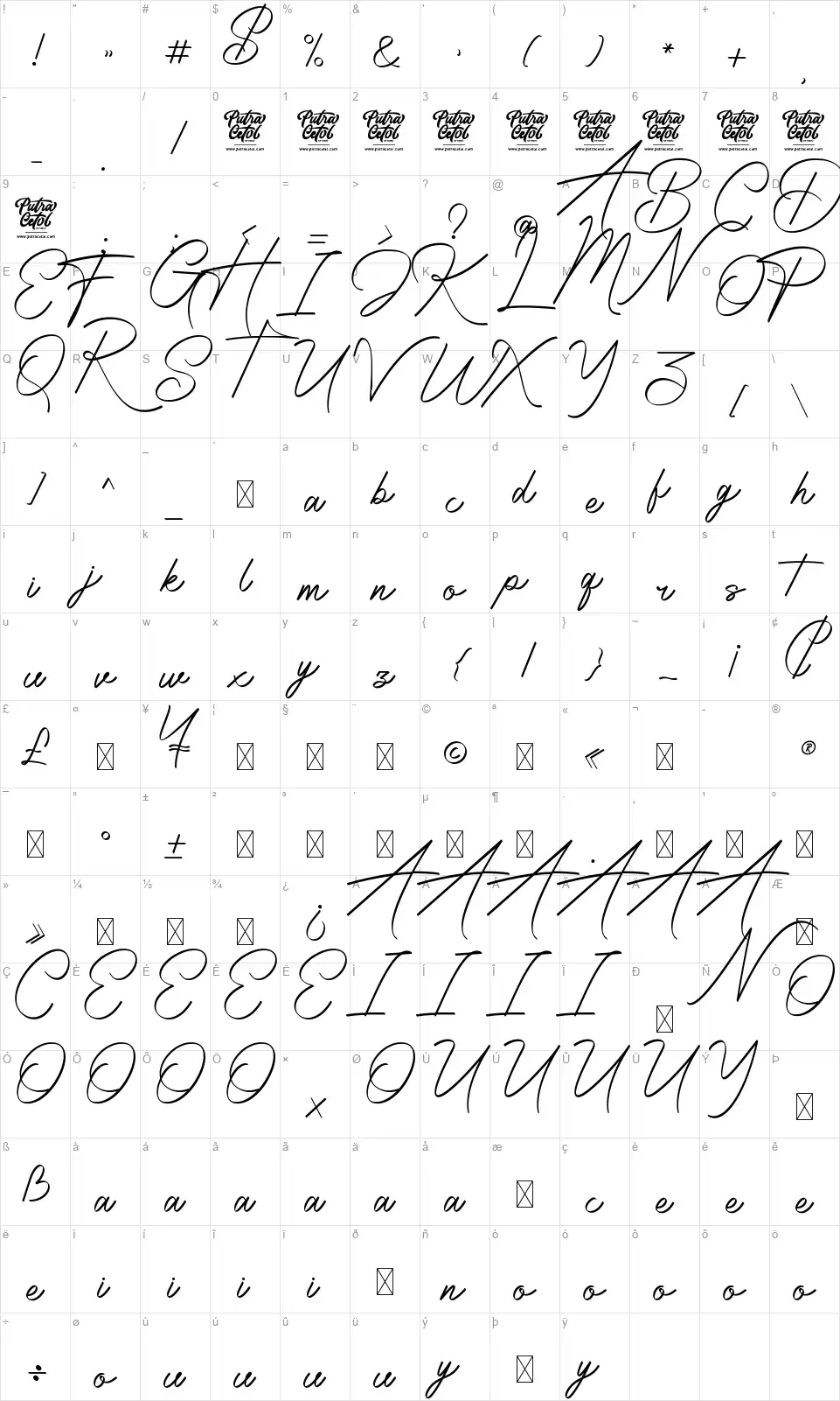 Radiantly Signaturefont character map