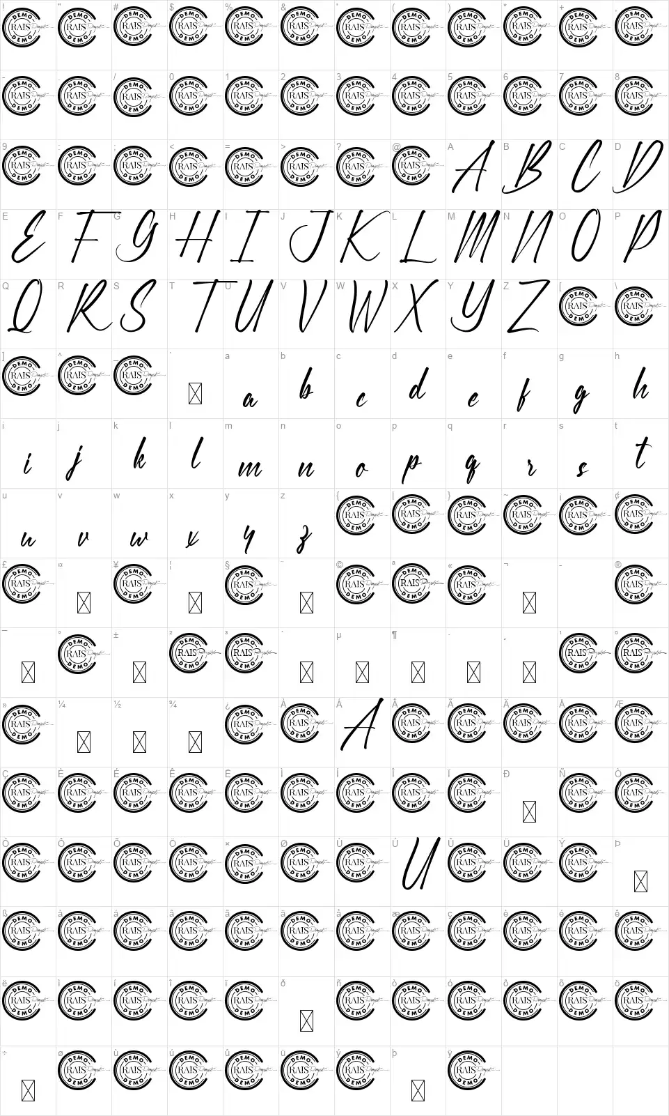 Reileyfont character map