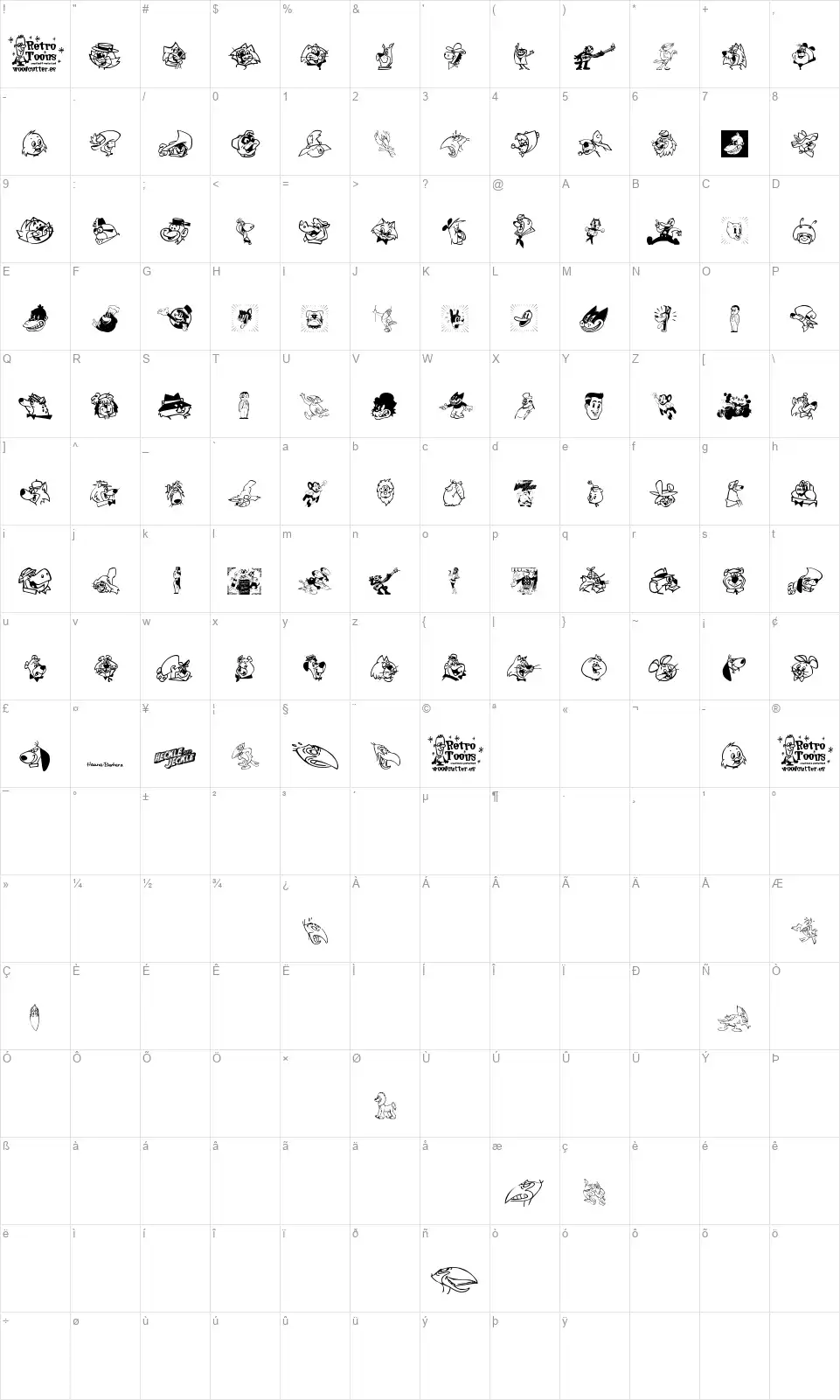 Retro Toonsfont character map