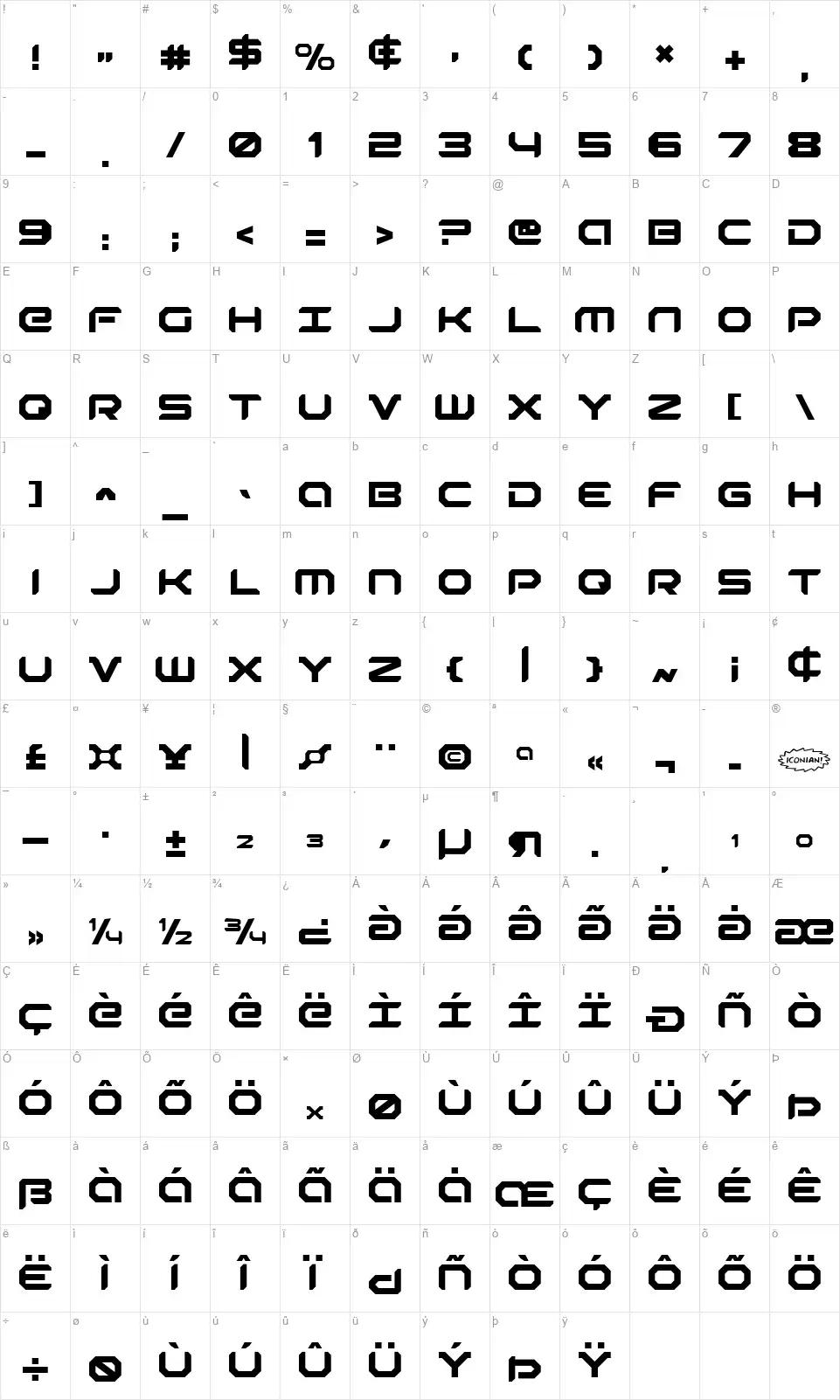 Robotaurfont character map