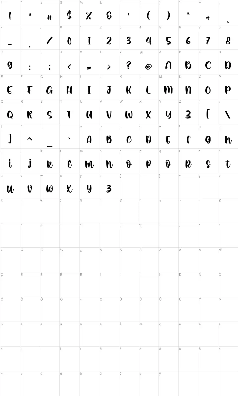 Romantic Craftyfont character map