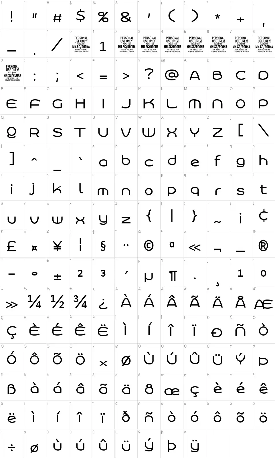Roona Sansfont character map