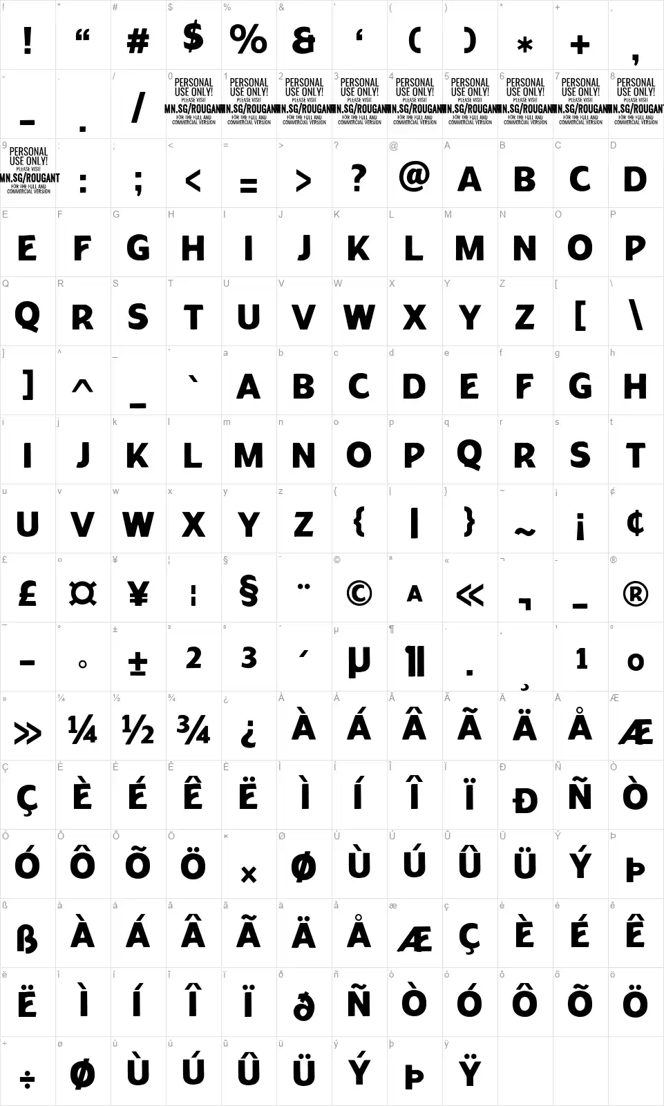 Rougantfont character map