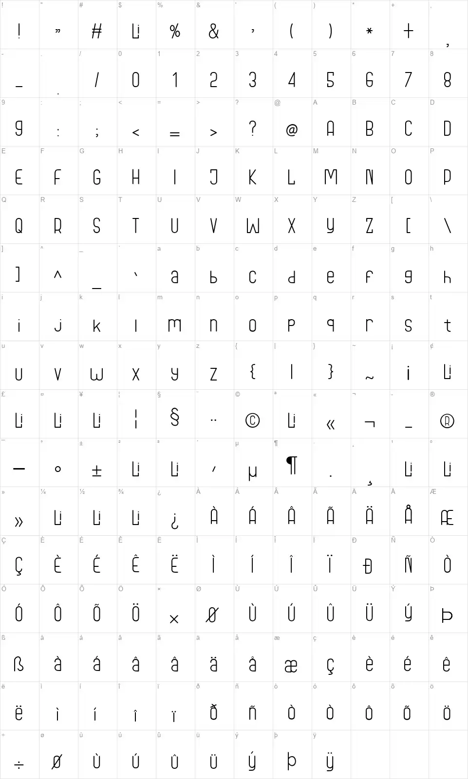 Round Lightfont character map