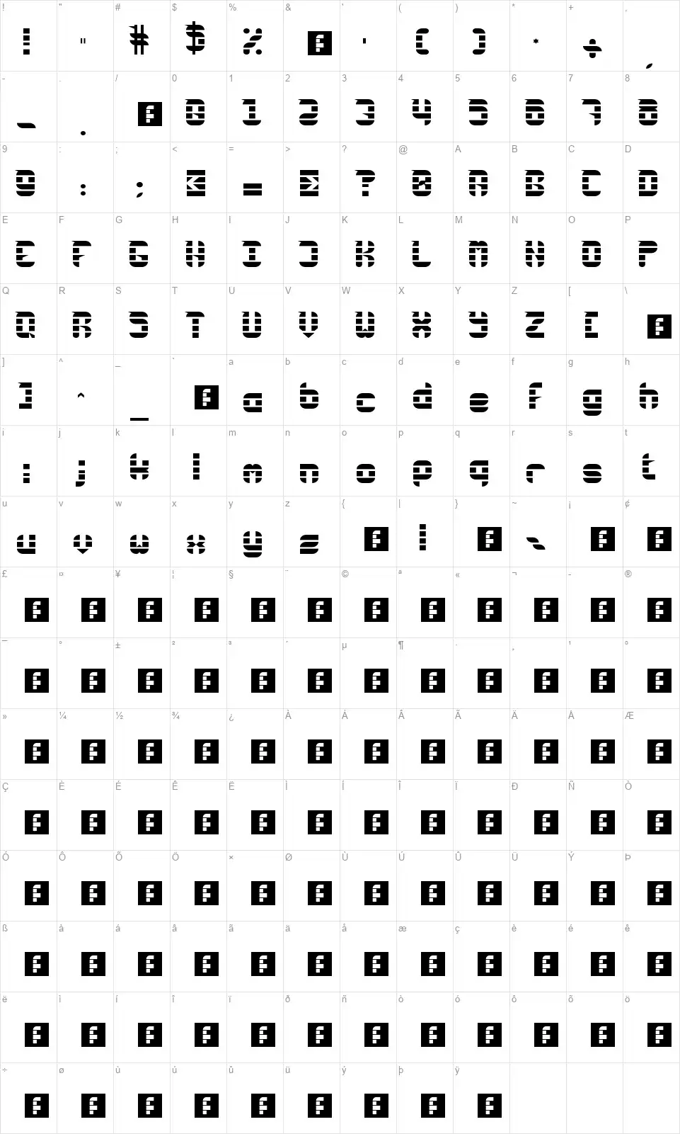 Rubber Downfont character map