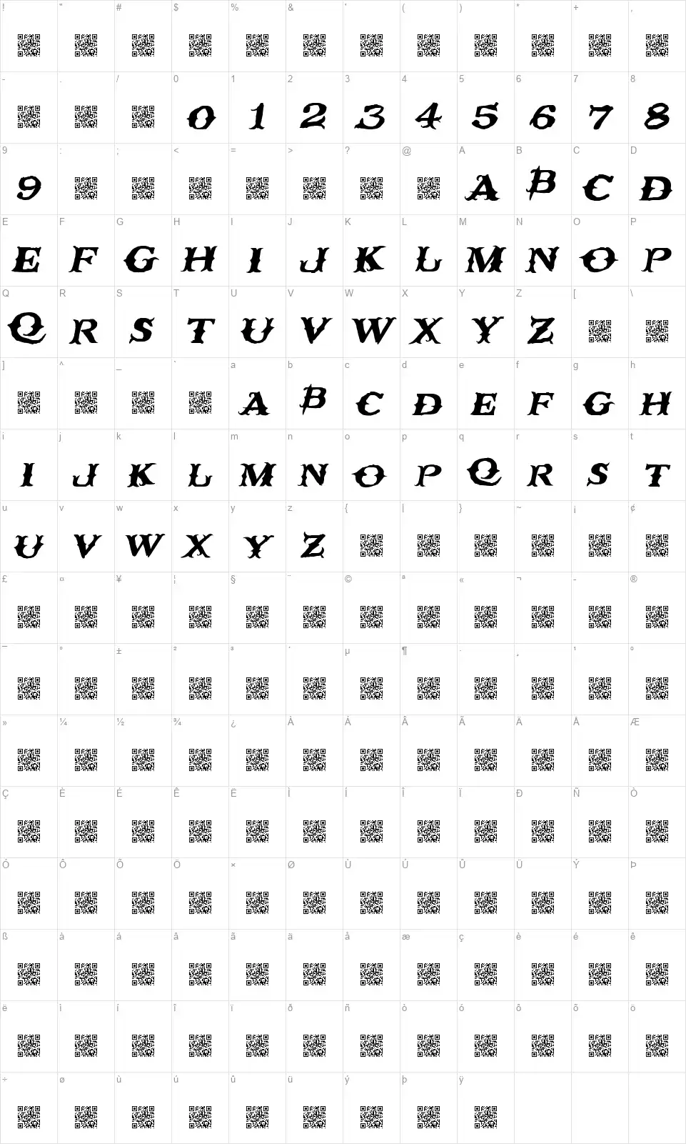 Rusty Nailfont character map