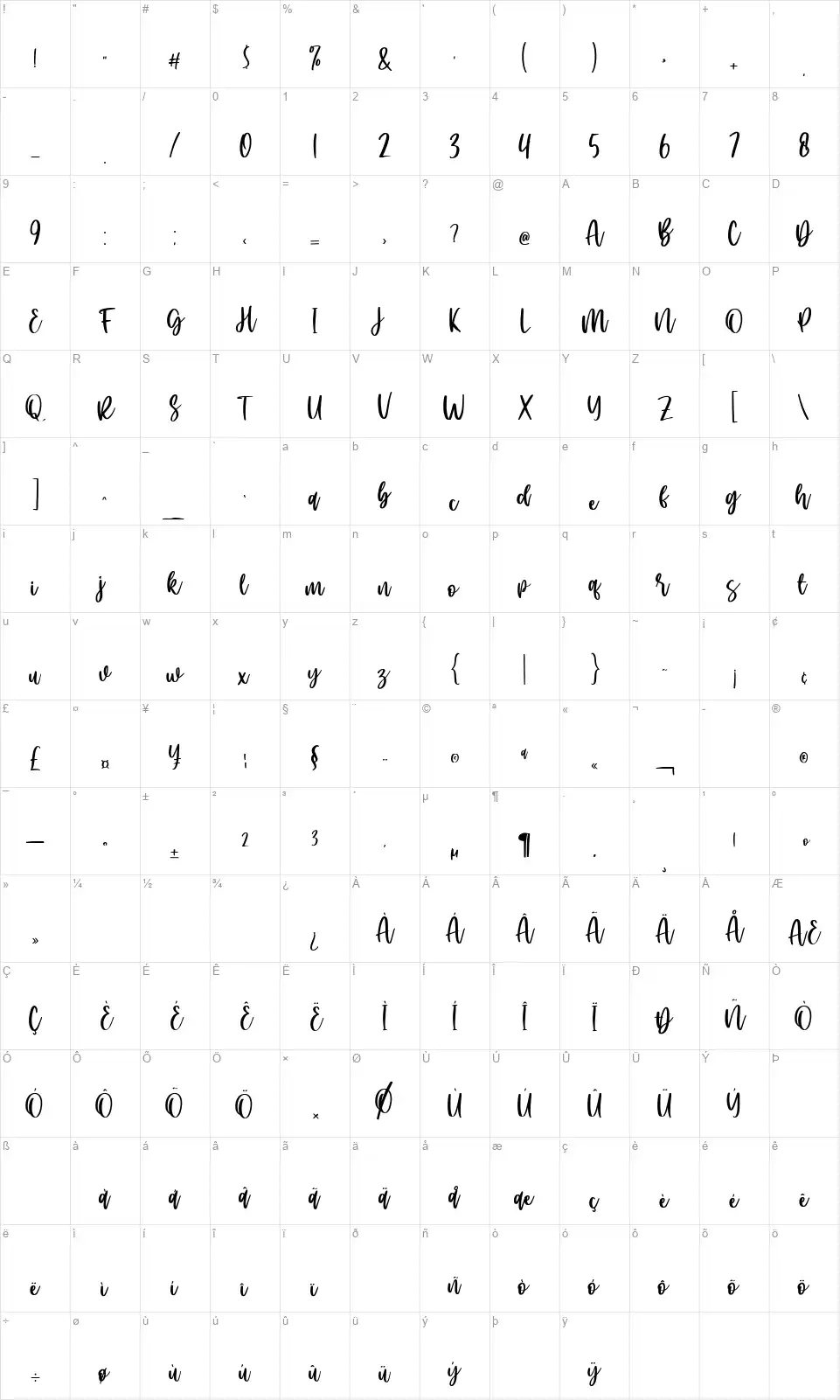 Sacred Lovefont character map