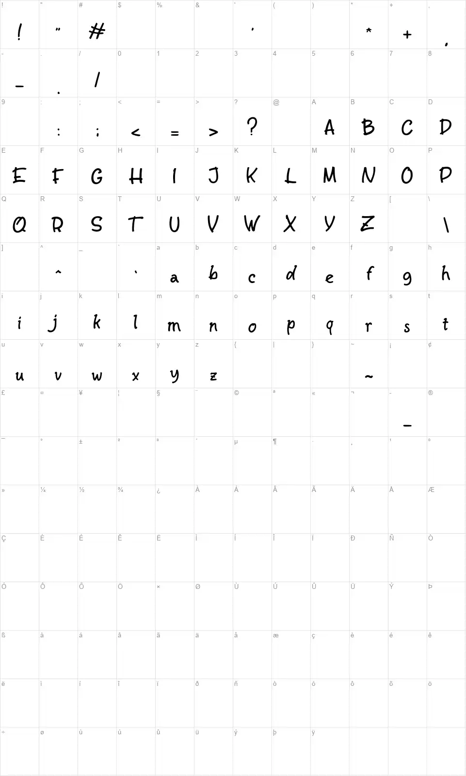 Salty Unicornfont character map
