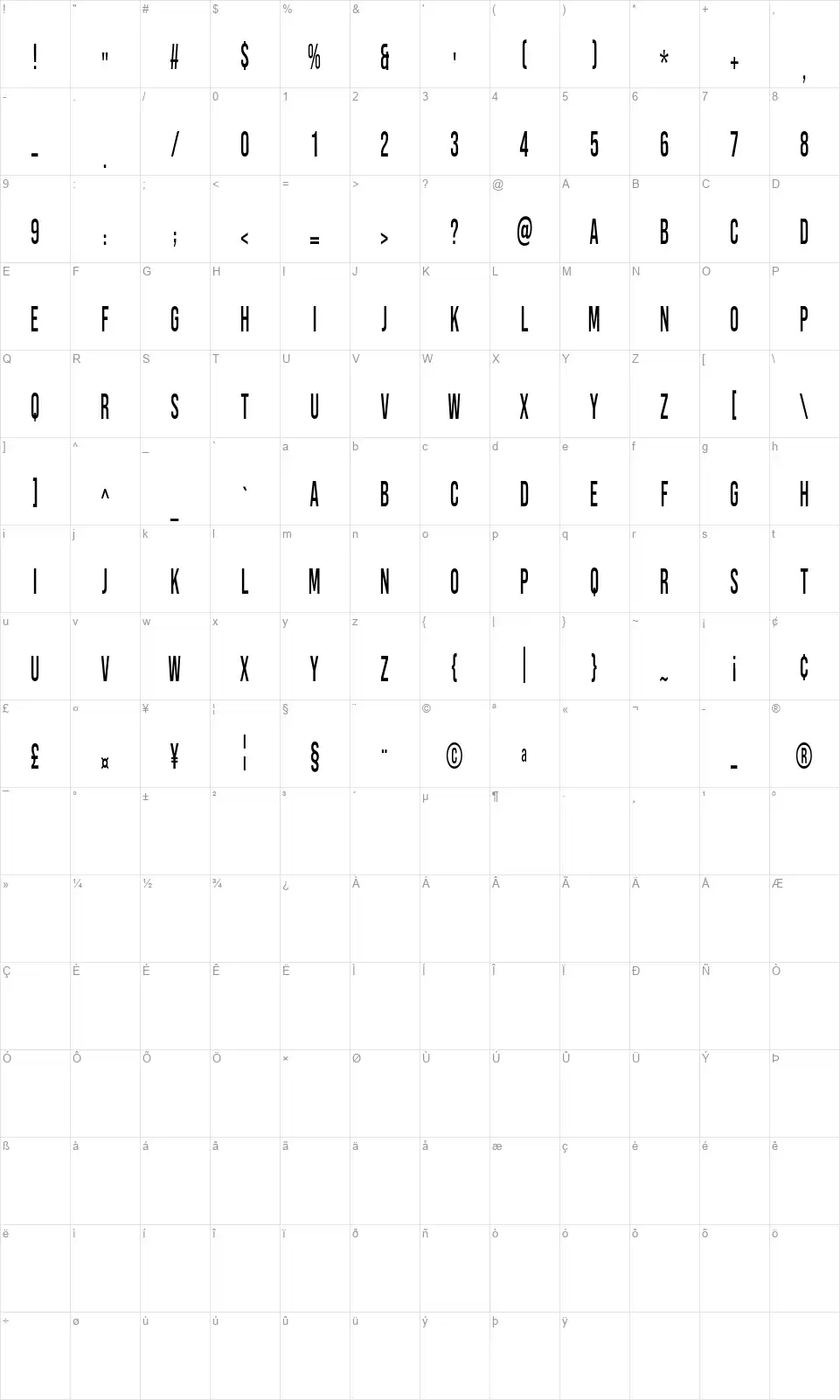 Sans Fransiscofont character map