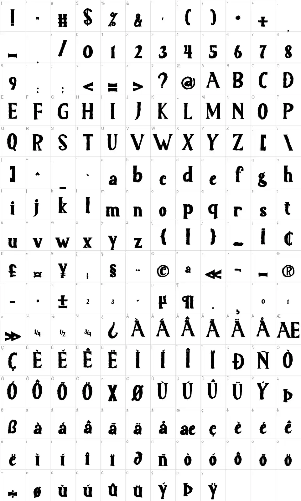 Scary Lightfont character map