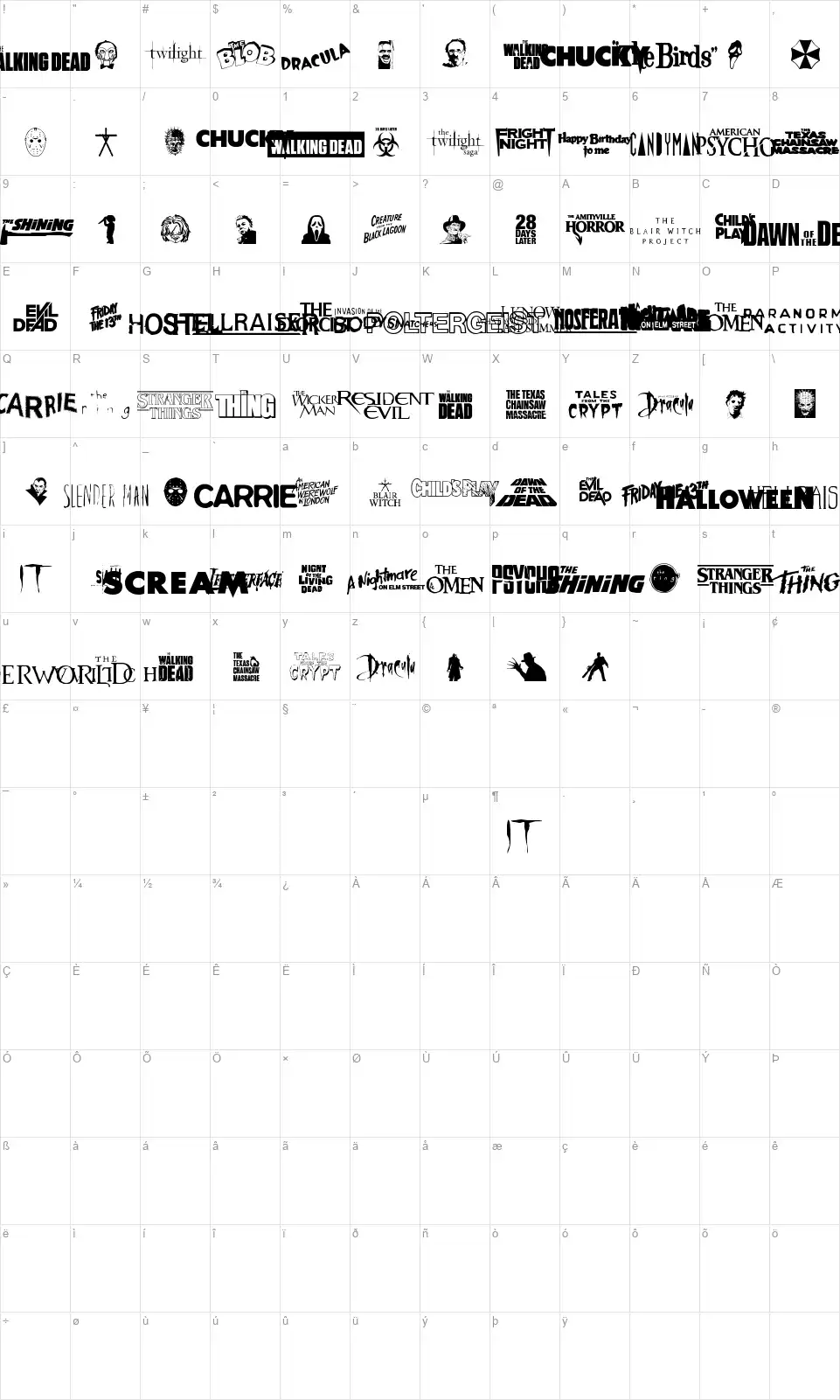 Scary Movie Galleryfont character map