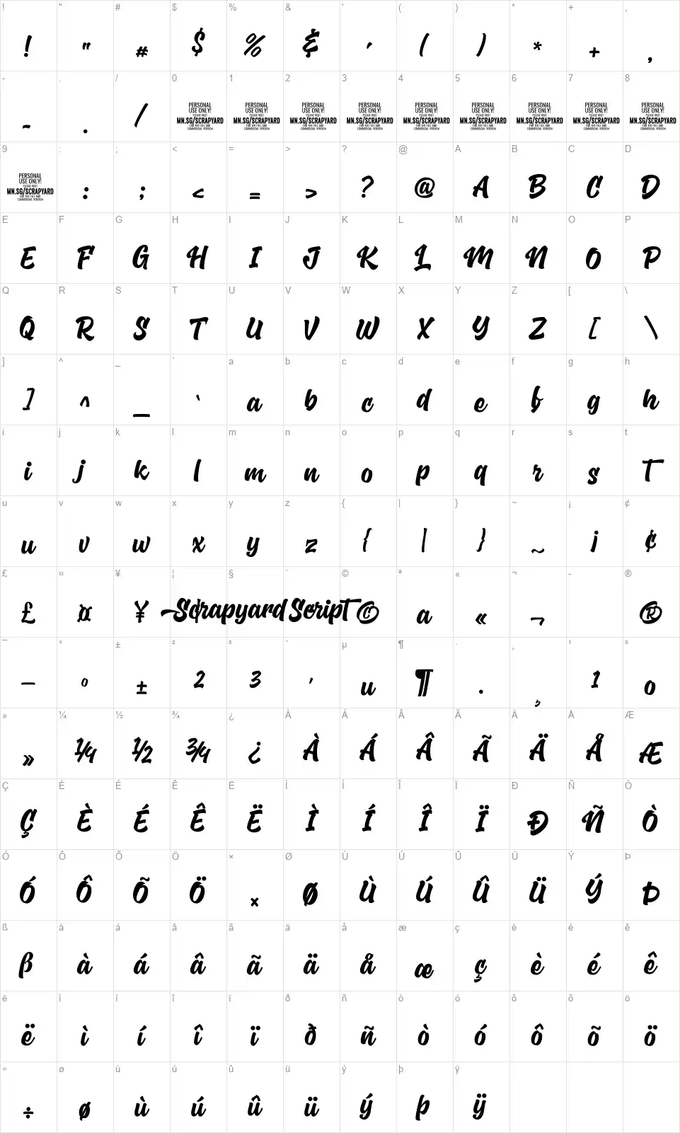Scrapyard Scriptfont character map