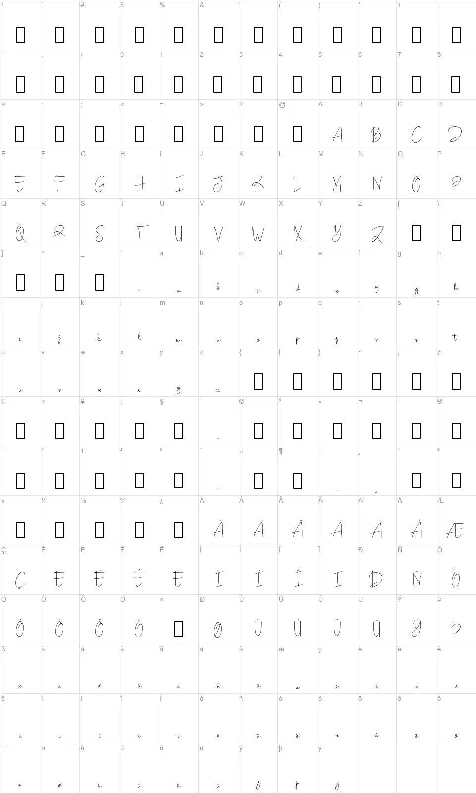 Scriptyfont character map