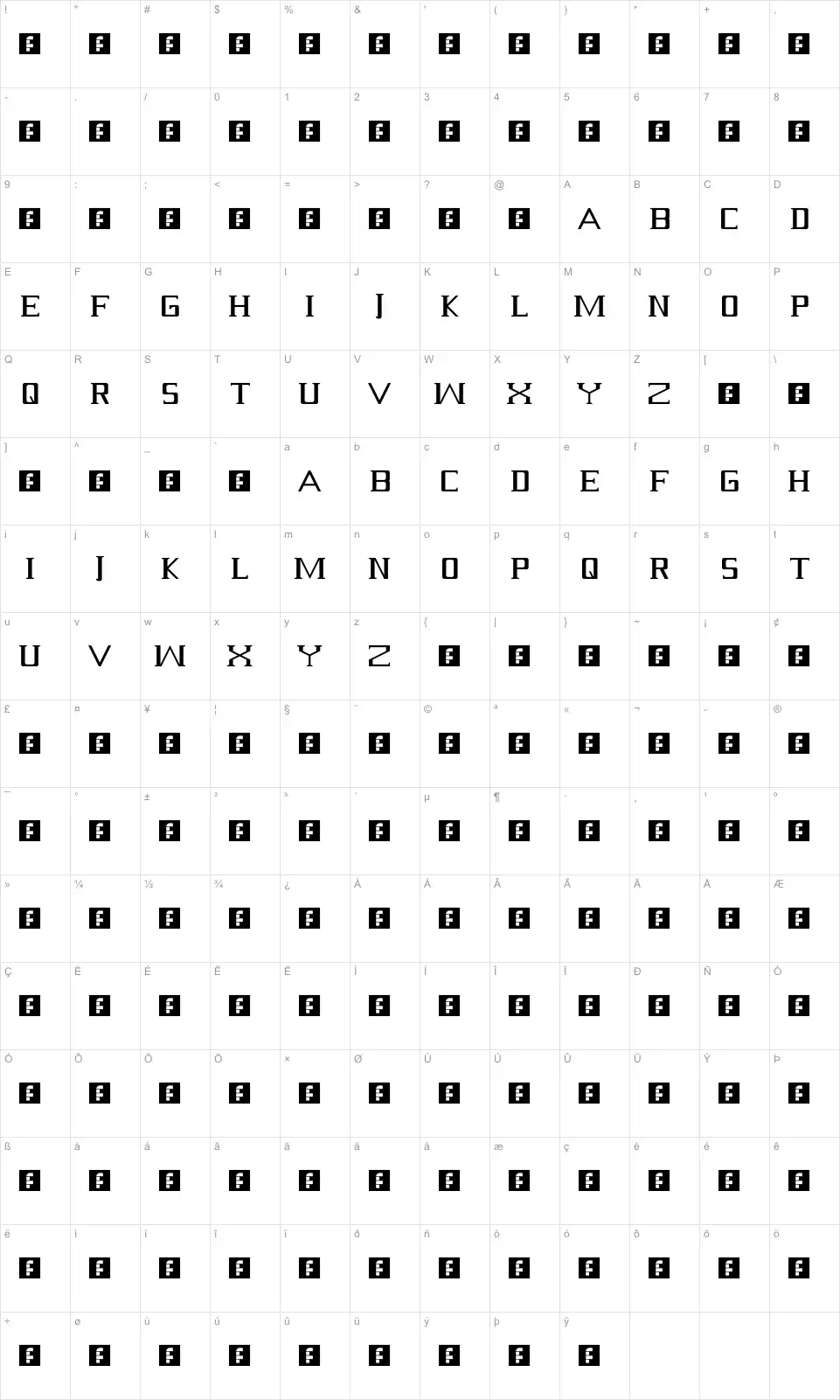 Serif Table des caractères Seriffont character map