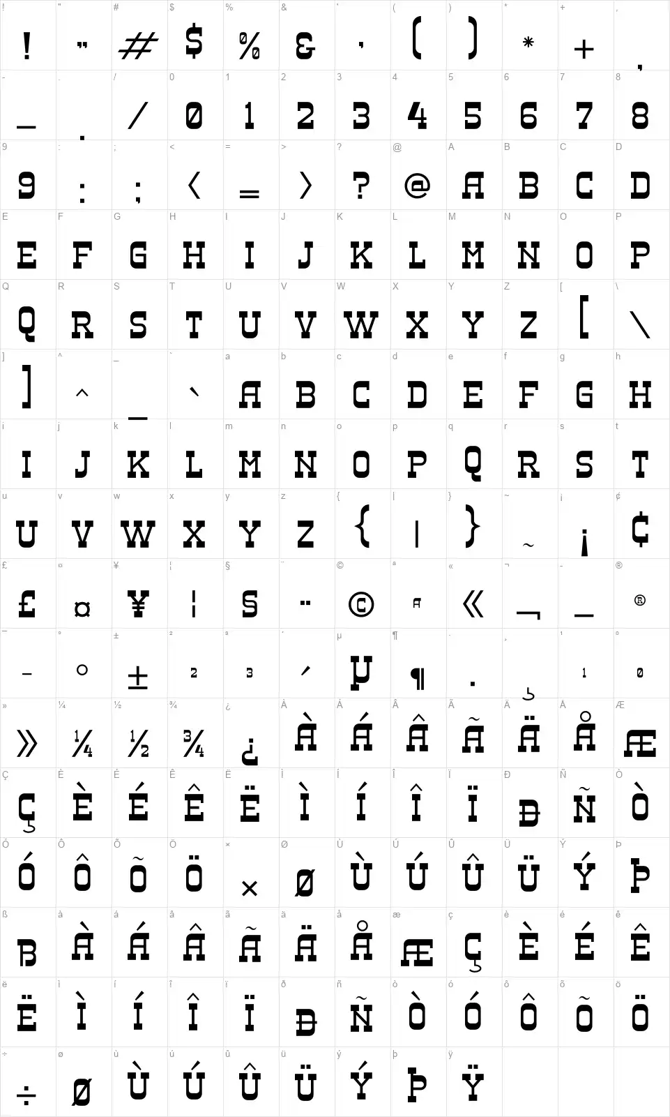Sheal Thon Slabfont character map