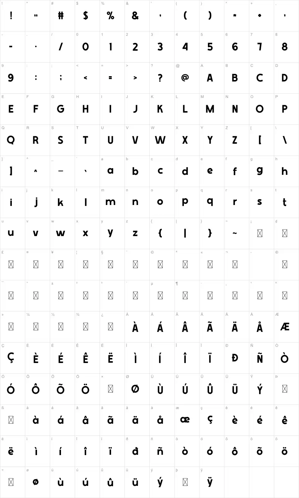 Shick Table des caractères Shickfont character map