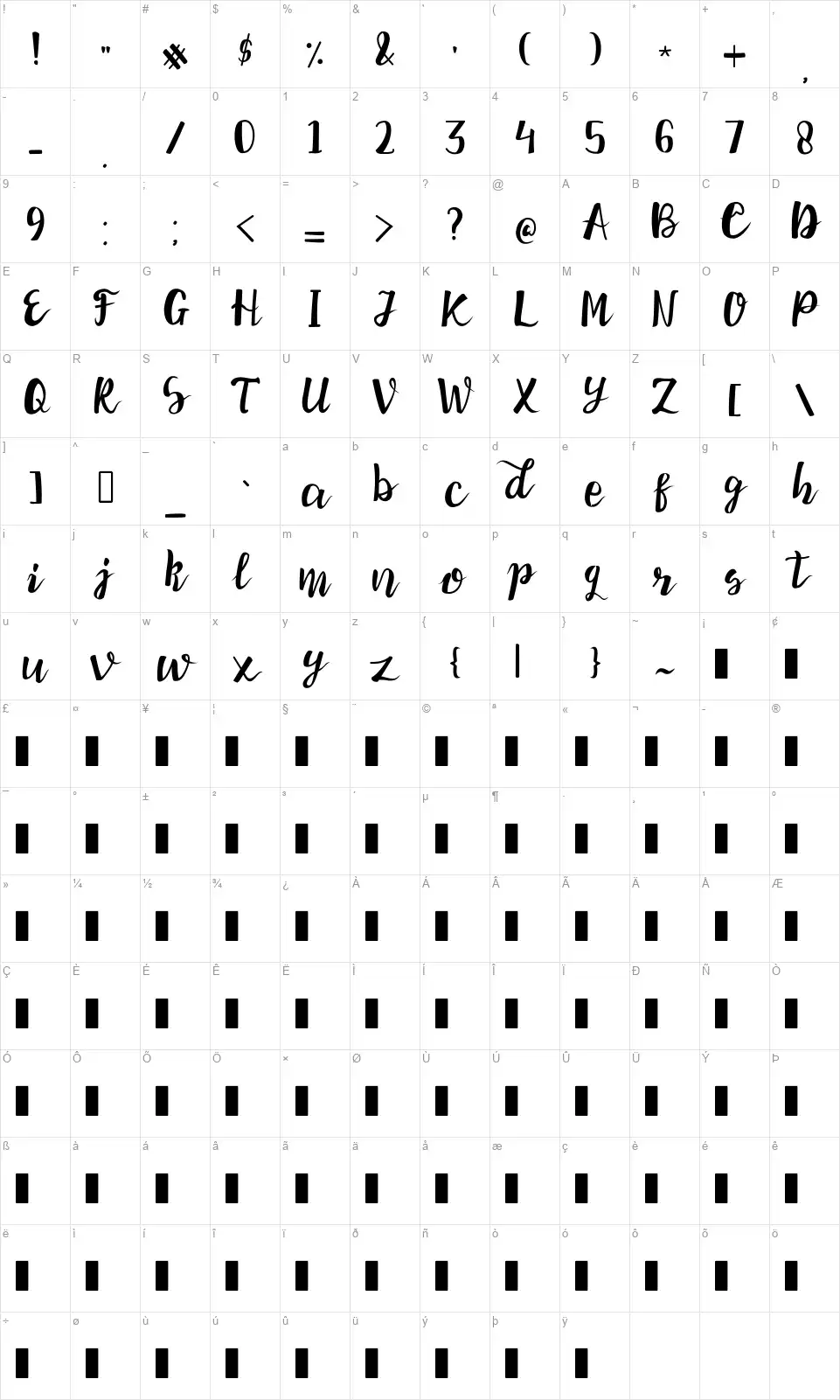Shine Simifont character map