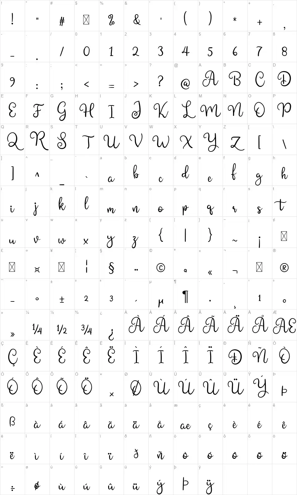 Shining Gloryfont character map